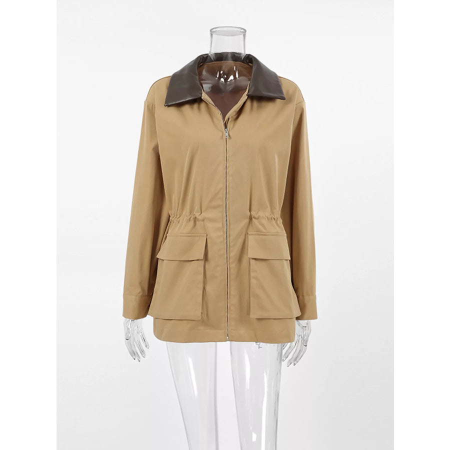 Oversized Contrast Collar Jacket with Drawstring Waist Apparel and Accessories