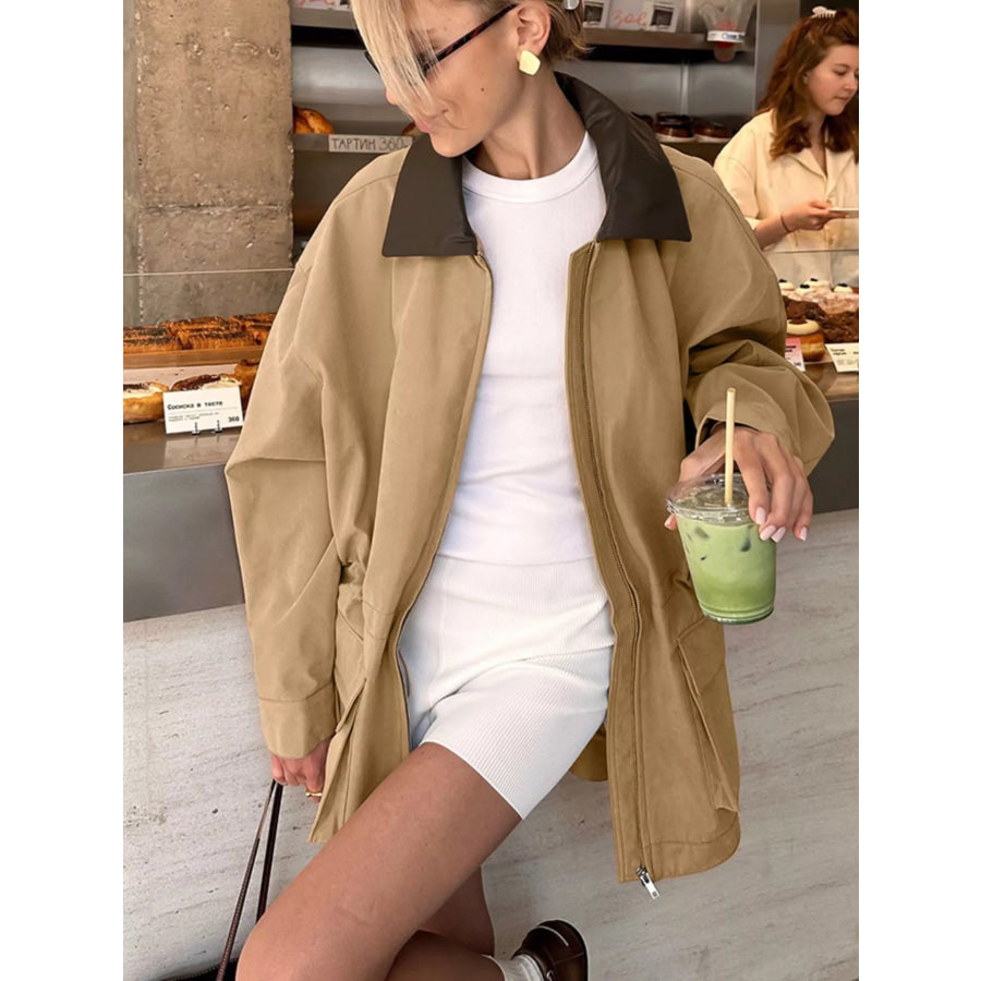 Oversized Contrast Collar Jacket with Drawstring Waist Apparel and Accessories