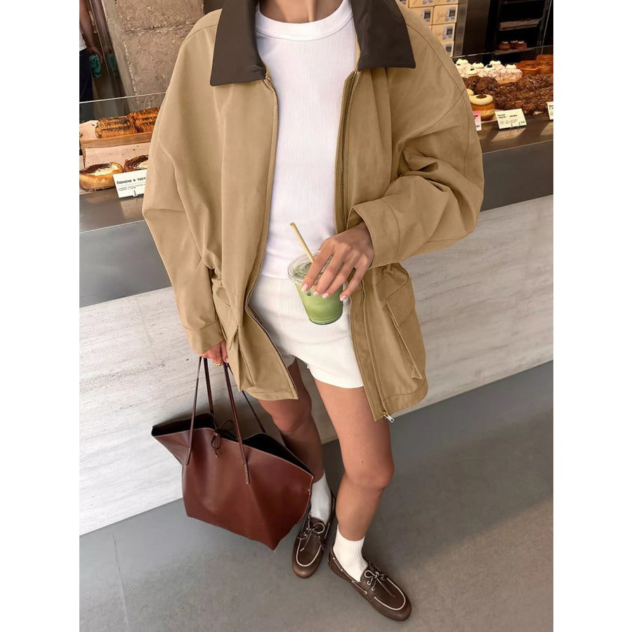 Oversized Contrast Collar Jacket with Drawstring Waist Apparel and Accessories