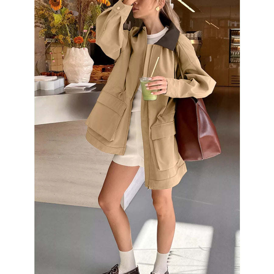 Oversized Contrast Collar Jacket with Drawstring Waist Apparel and Accessories