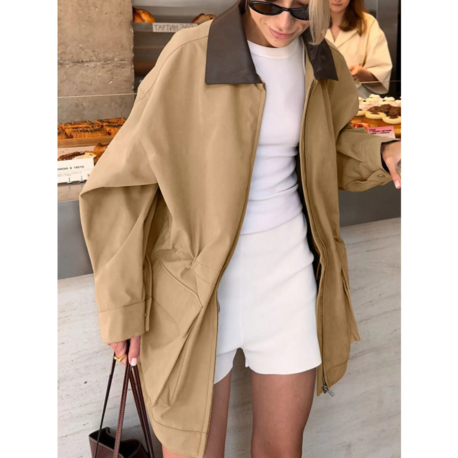Oversized Contrast Collar Jacket with Drawstring Waist Apparel and Accessories