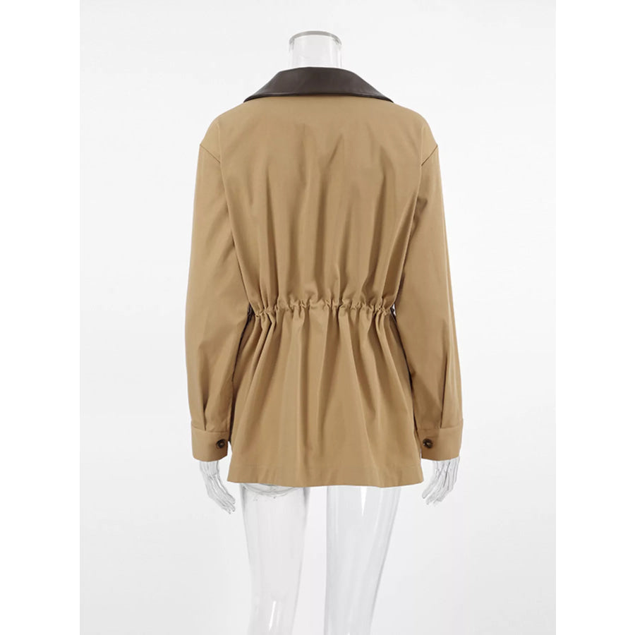 Oversized Contrast Collar Jacket with Drawstring Waist Apparel and Accessories
