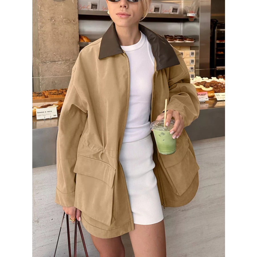 Oversized Contrast Collar Jacket with Drawstring Waist Khaki / S Apparel and Accessories