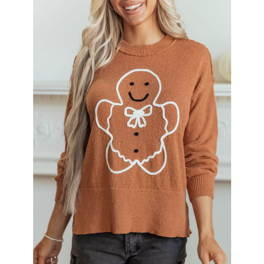 Oversized Drop Shoulder Round Neck Christmas Sweater Caramel / S Apparel and Accessories