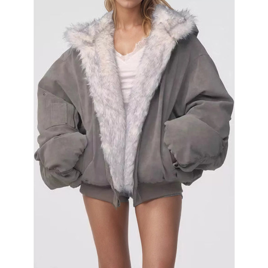 Oversized Faux Fur Trimmed Suede Bomber Jacket Apparel and Accessories