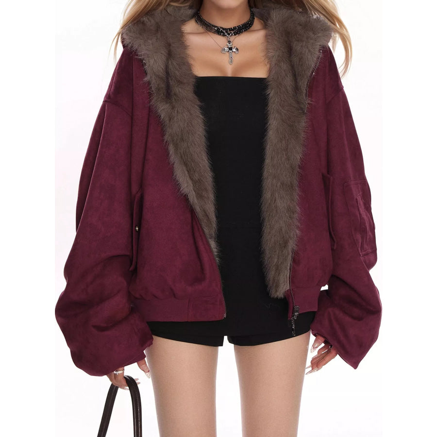 Oversized Faux Fur Trimmed Suede Bomber Jacket Apparel and Accessories