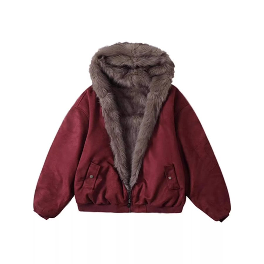 Oversized Faux Fur Trimmed Suede Bomber Jacket Apparel and Accessories