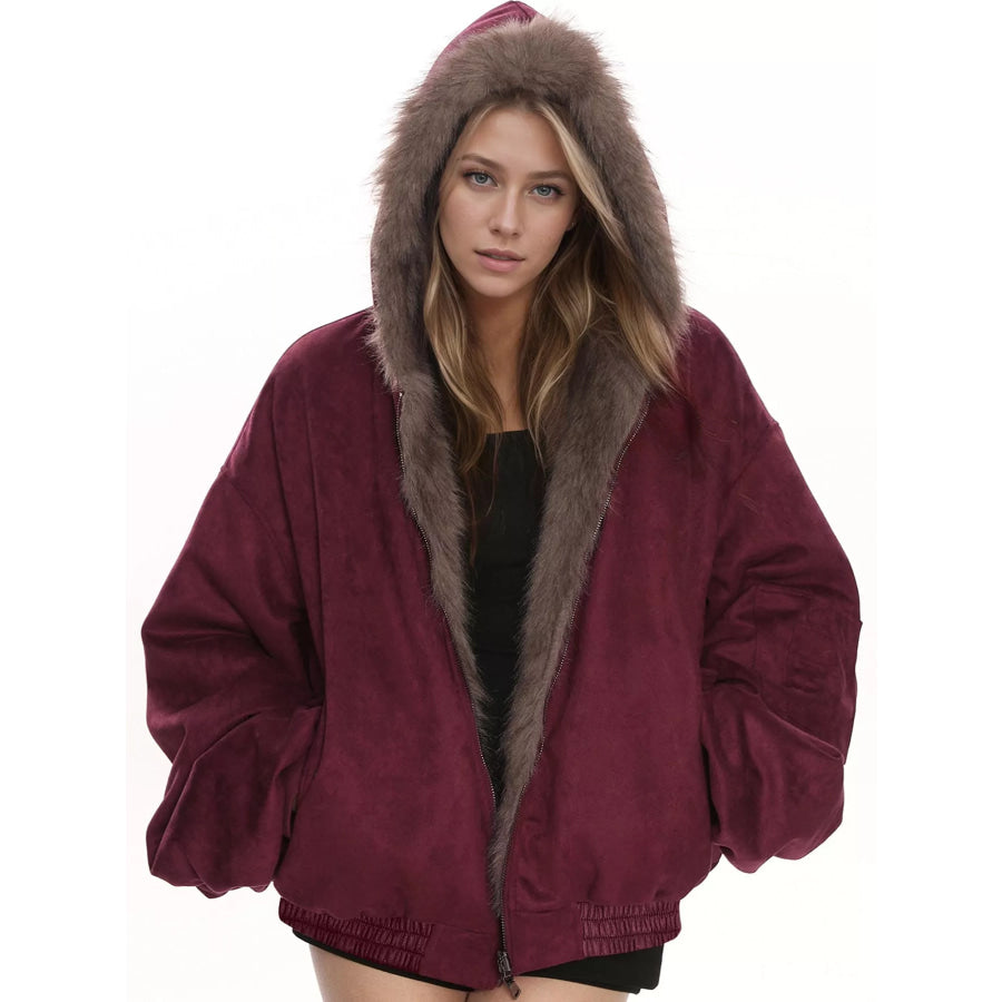 Oversized Faux Fur Trimmed Suede Bomber Jacket Burgundy / S Apparel and Accessories