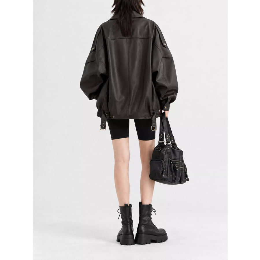 Oversized Faux Leather Zip Up Jacket Apparel and Accessories