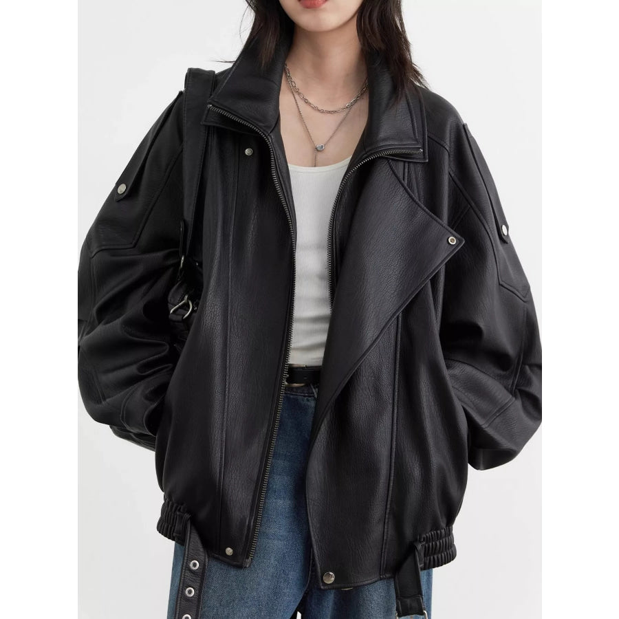 Oversized Faux Leather Zip Up Jacket Apparel and Accessories
