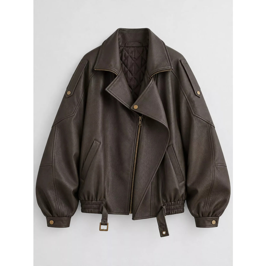 Oversized Faux Leather Zip Up Jacket Apparel and Accessories
