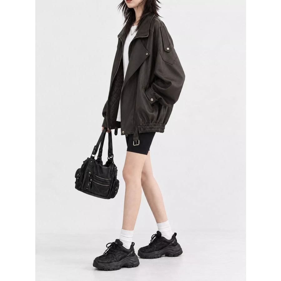 Oversized Faux Leather Zip Up Jacket Apparel and Accessories