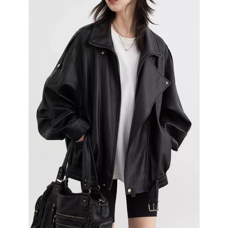 Oversized Faux Leather Zip Up Jacket Classic Black / S Apparel and Accessories