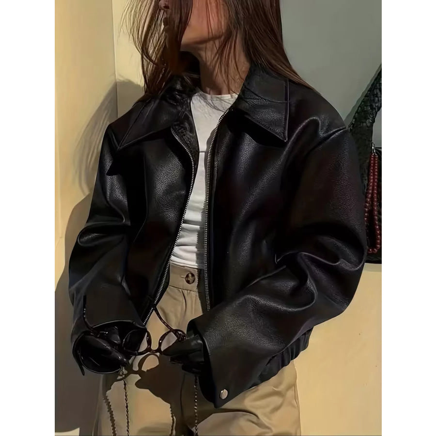 Oversized Faux Leather Zip Up Moto Jacket Apparel and Accessories