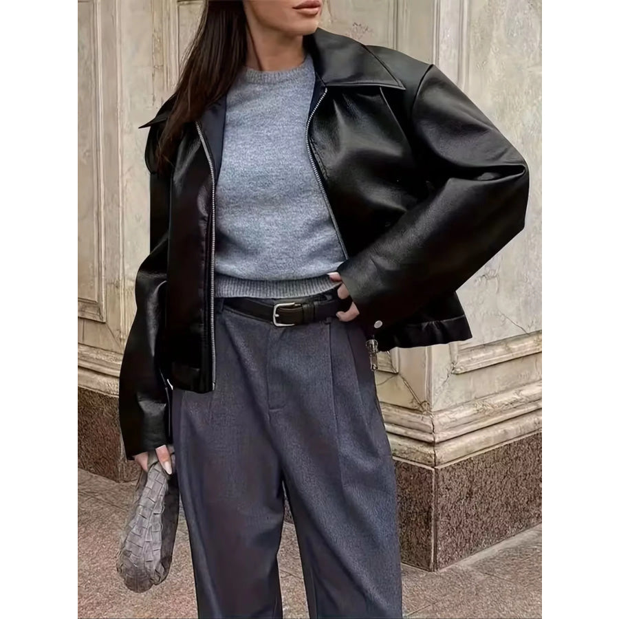 Oversized Faux Leather Zip Up Moto Jacket Apparel and Accessories