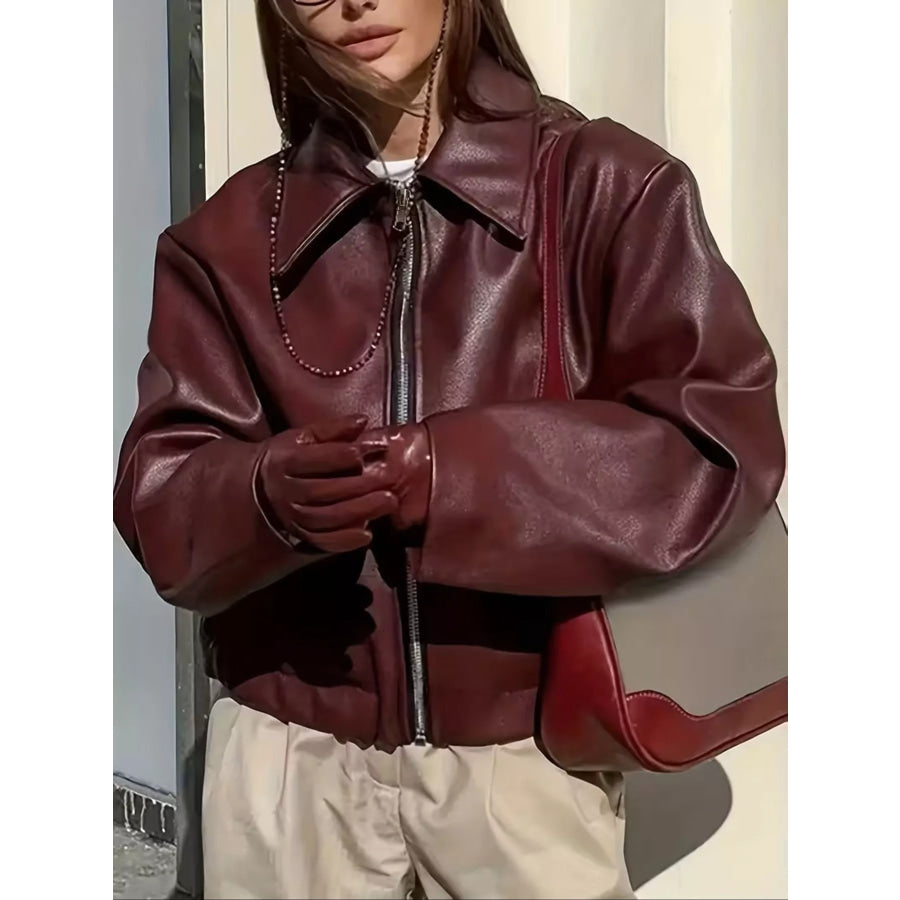 Oversized Faux Leather Zip Up Moto Jacket Apparel and Accessories