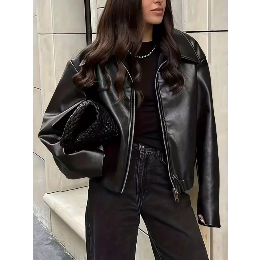 Oversized Faux Leather Zip Up Moto Jacket Black / S Apparel and Accessories