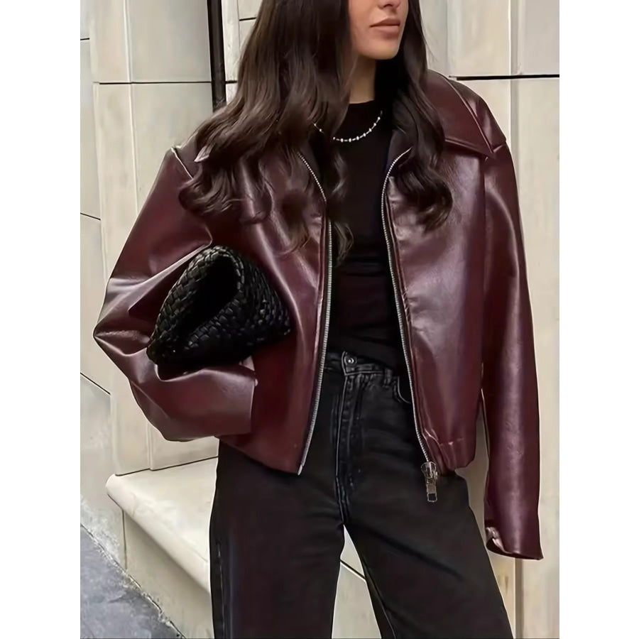 Oversized Faux Leather Zip Up Moto Jacket Burgundy / S Apparel and Accessories