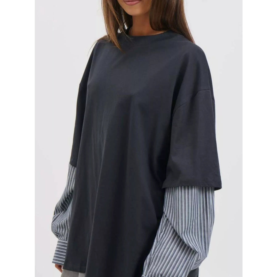 Oversized Layered-Look T-Shirt with Striped Sleeves Apparel and Accessories