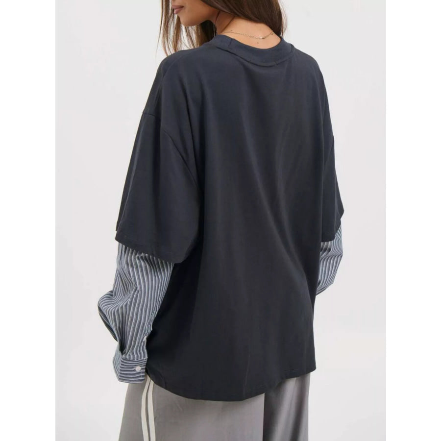 Oversized Layered-Look T-Shirt with Striped Sleeves Apparel and Accessories