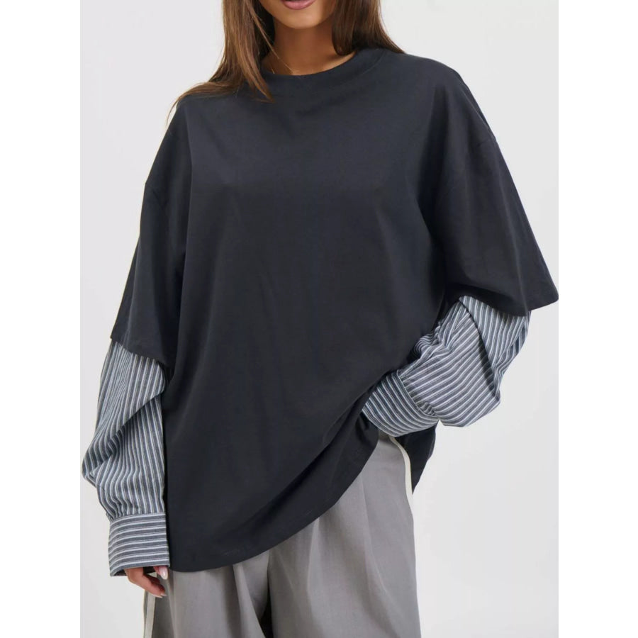 Oversized Layered-Look T-Shirt with Striped Sleeves Apparel and Accessories