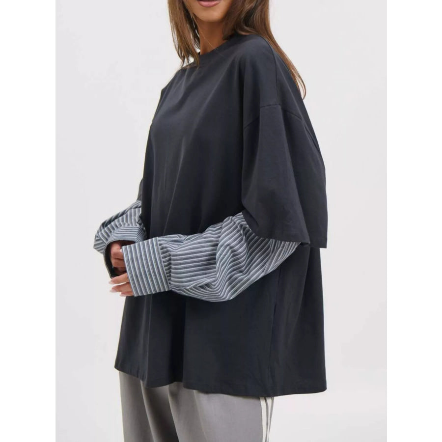 Oversized Layered-Look T-Shirt with Striped Sleeves Apparel and Accessories