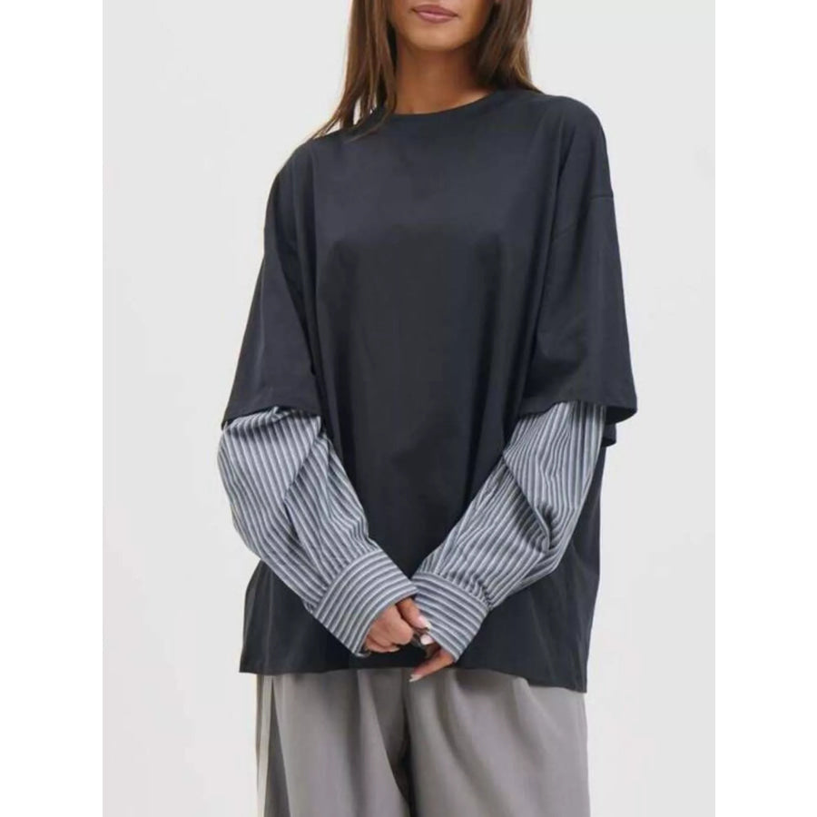 Oversized Layered-Look T-Shirt with Striped Sleeves Apparel and Accessories