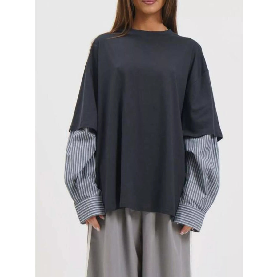 Oversized Layered-Look T-Shirt with Striped Sleeves Apparel and Accessories