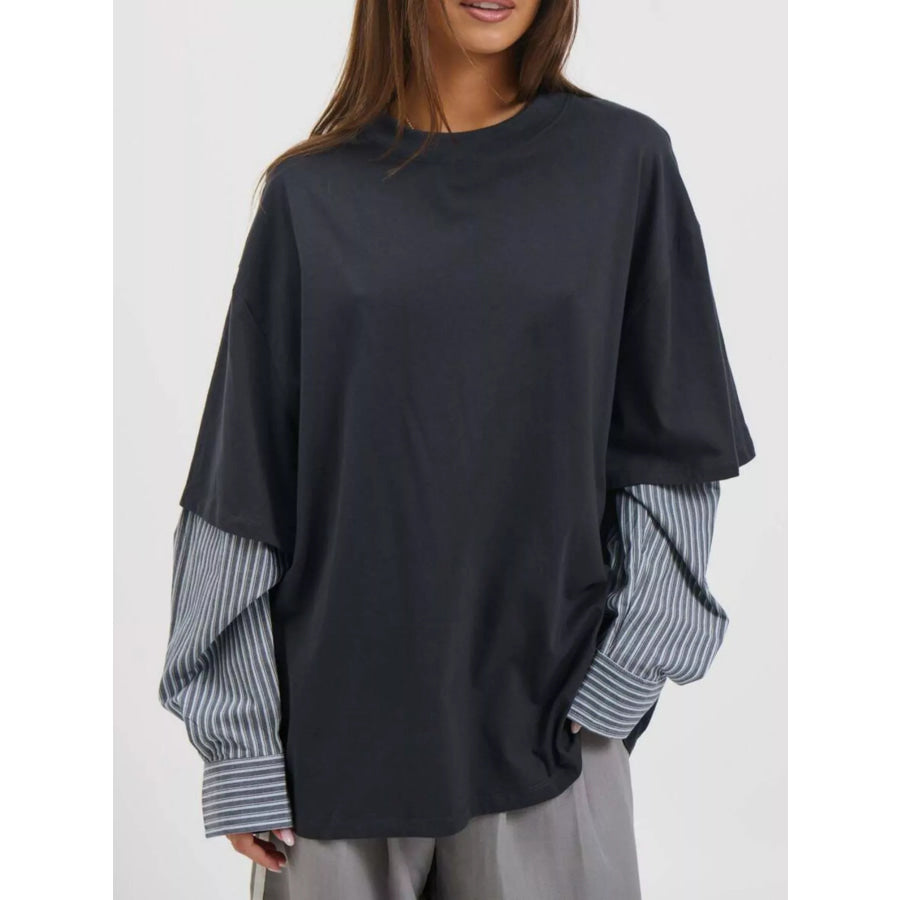 Oversized Layered-Look T-Shirt with Striped Sleeves Navy / S Apparel and Accessories