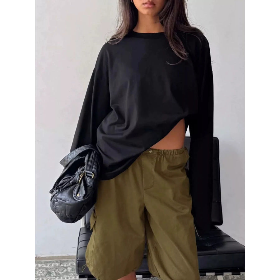 Oversized Long Sleeve Crew Neck T-Shirt Black / S Apparel and Accessories