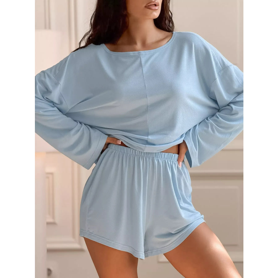 Oversized Long Sleeve Top and Shorts Lounge Set Pastel Blue / S Apparel and Accessories