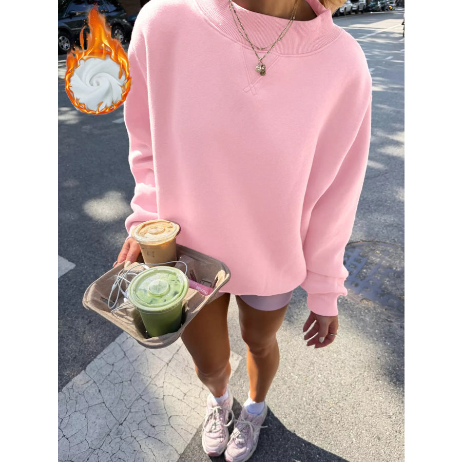 Oversized Mock Neck Dropped Shoulder Sweatshirt Pink / S Apparel and Accessories