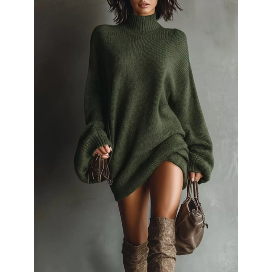 Oversized Mock Neck Long Sleeve Sweater Dress Army Green / S Apparel and Accessories