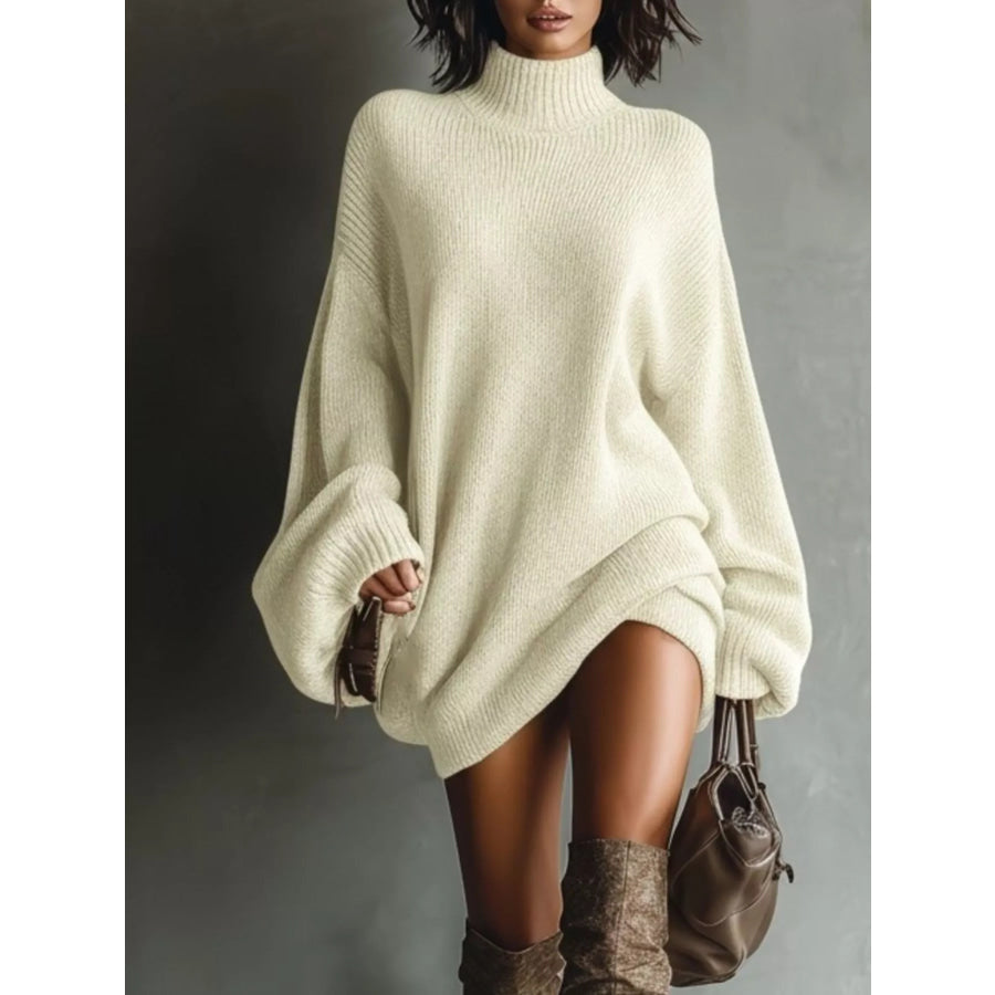 Oversized Mock Neck Long Sleeve Sweater Dress Beige / S Apparel and Accessories