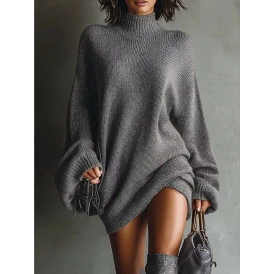 Oversized Mock Neck Long Sleeve Sweater Dress Gray / S Apparel and Accessories