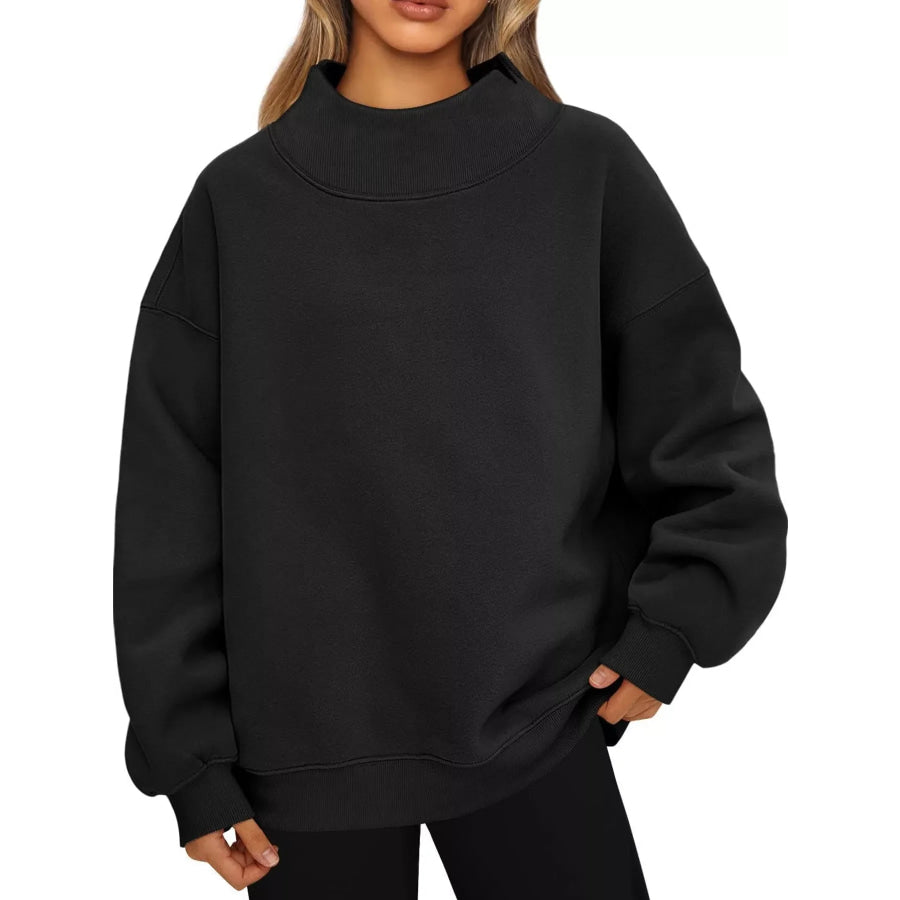 Oversized Mock Neck Long Sleeve Sweatshirt Black / S Apparel and Accessories