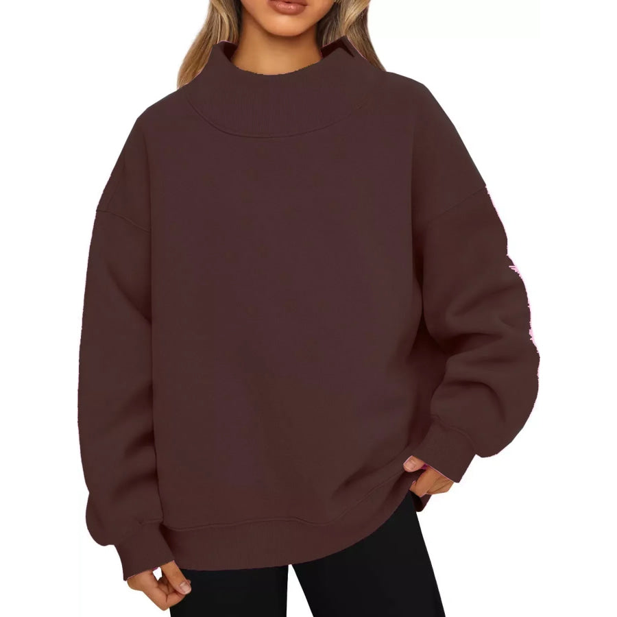 Oversized Mock Neck Long Sleeve Sweatshirt Coffee Brown / S Apparel and Accessories