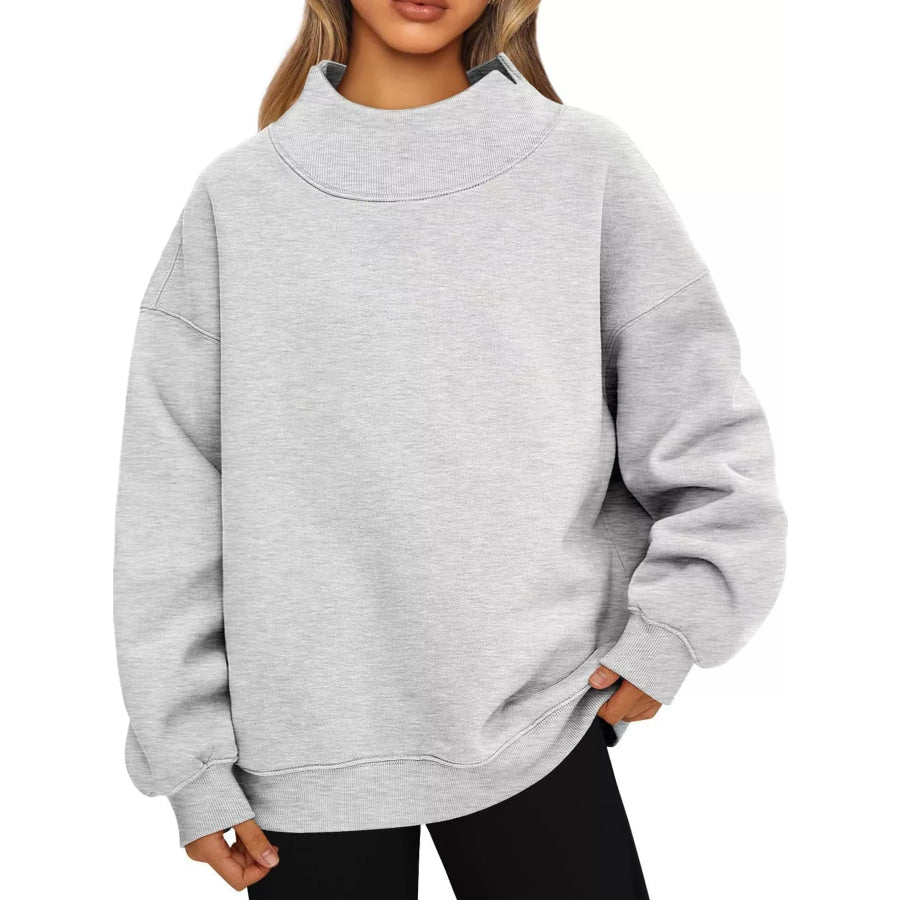 Oversized Mock Neck Long Sleeve Sweatshirt Light Gray / S Apparel and Accessories