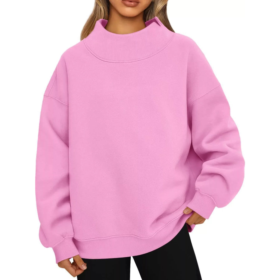 Oversized Mock Neck Long Sleeve Sweatshirt Pink / S Apparel and Accessories
