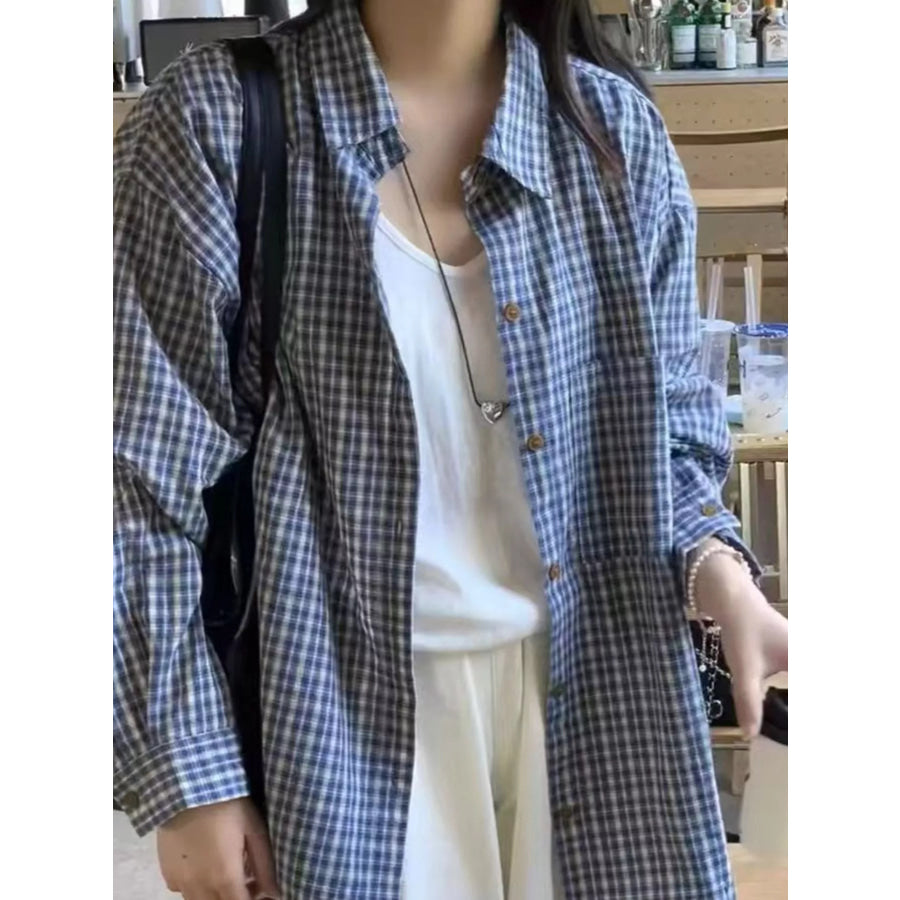 Oversized Plaid Button-Down Shirt Blue / S Apparel and Accessories