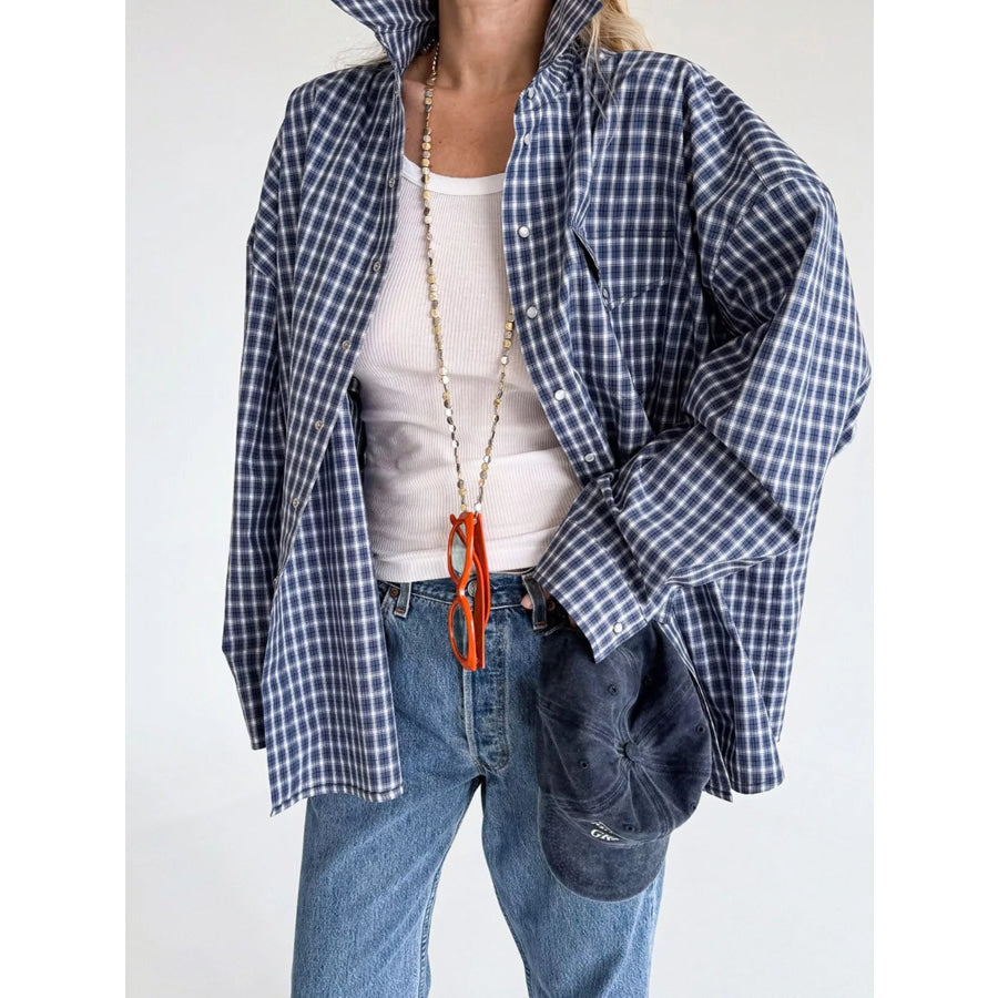 Oversized Plaid Button Up Shirt Dusty Blue / S Apparel and Accessories