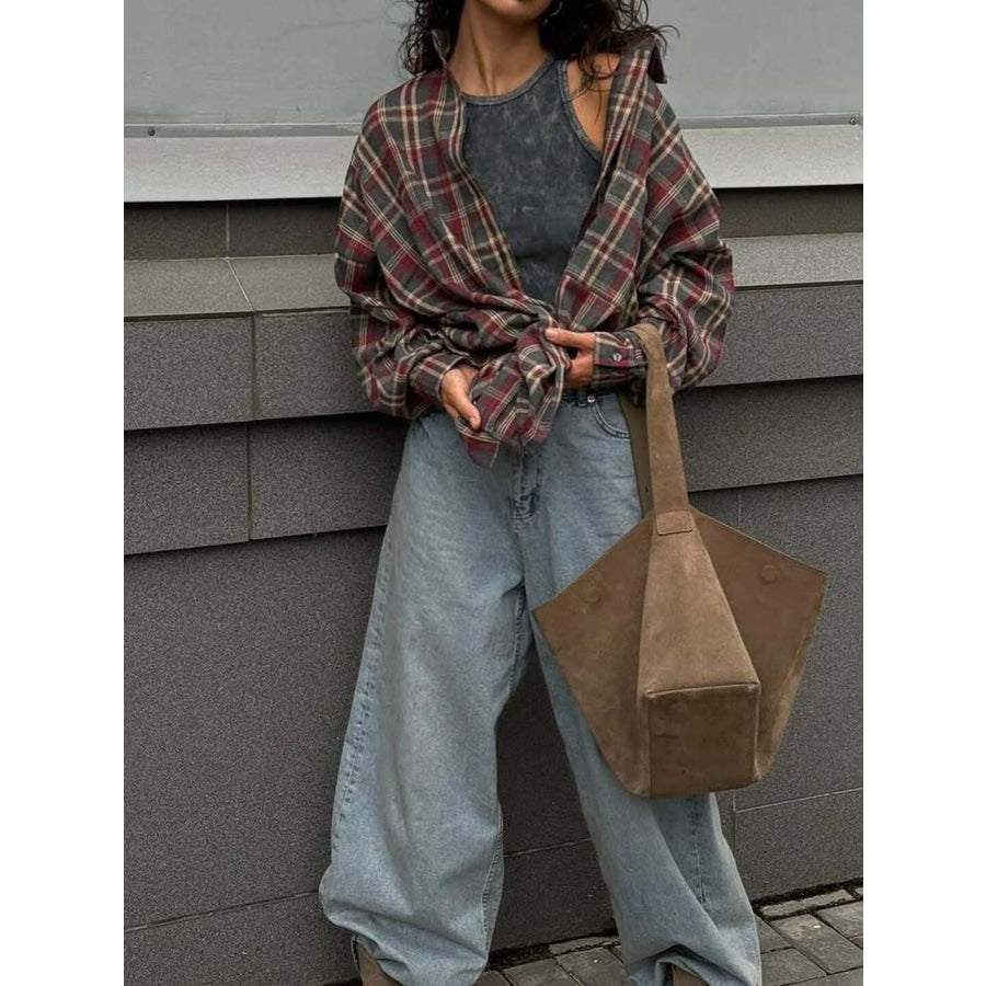 Oversized Plaid Button Up Shirt Plaid / S Apparel and Accessories