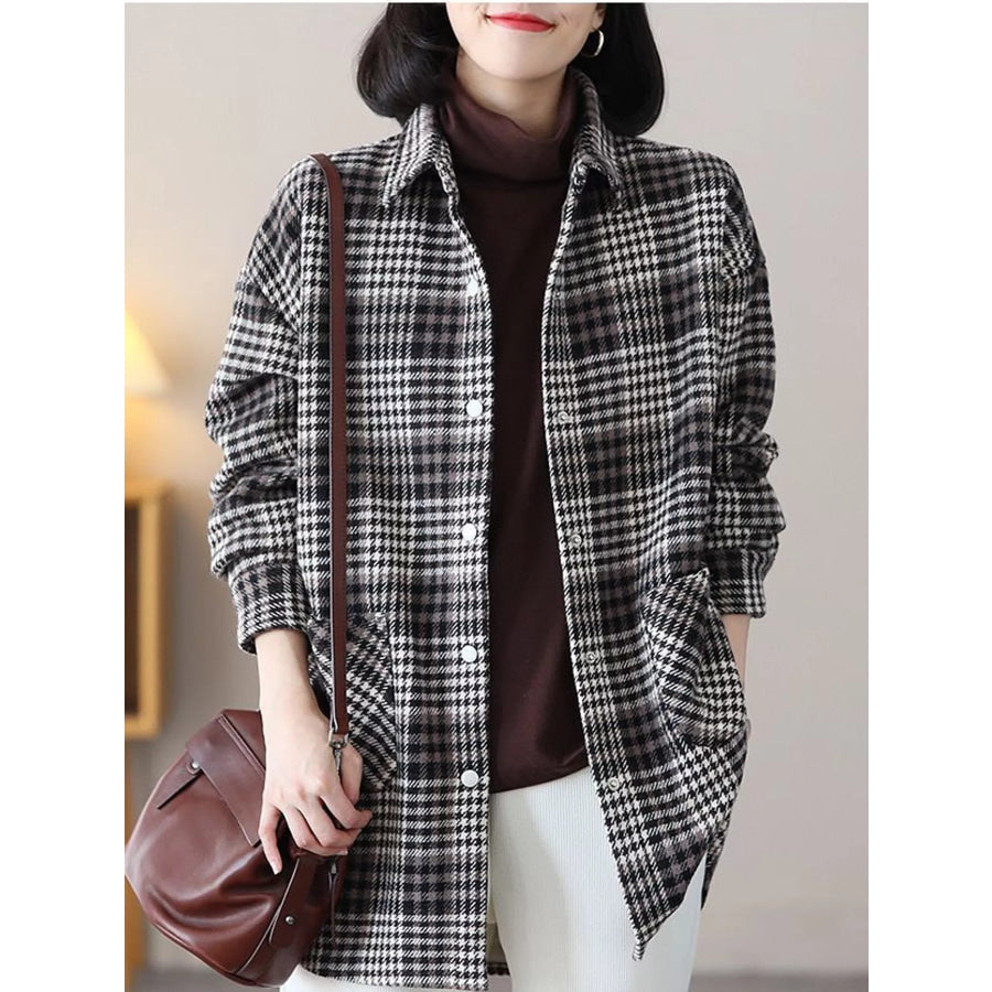 Oversized Plaid Long Sleeve Brushed Shirt with Fleece Lining Apparel and Accessories