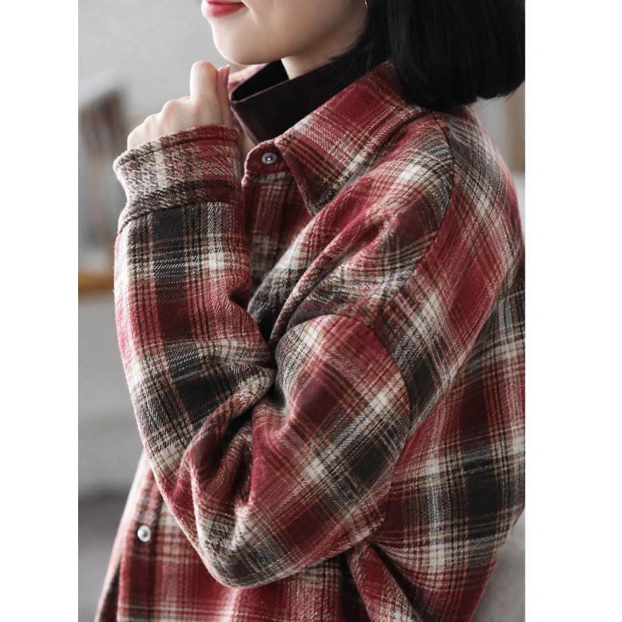 Oversized Plaid Long Sleeve Brushed Shirt with Fleece Lining Apparel and Accessories