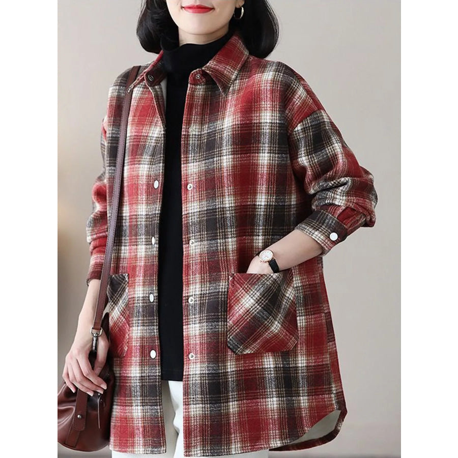 Oversized Plaid Long Sleeve Brushed Shirt with Fleece Lining Apparel and Accessories