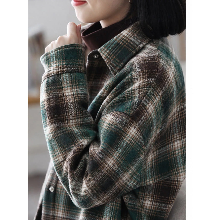 Oversized Plaid Long Sleeve Brushed Shirt with Fleece Lining Apparel and Accessories