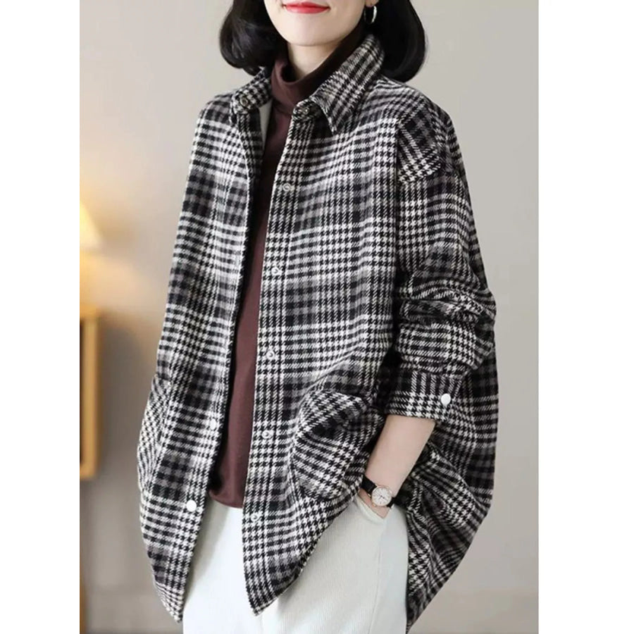 Oversized Plaid Long Sleeve Brushed Shirt with Fleece Lining Black / M Apparel and Accessories