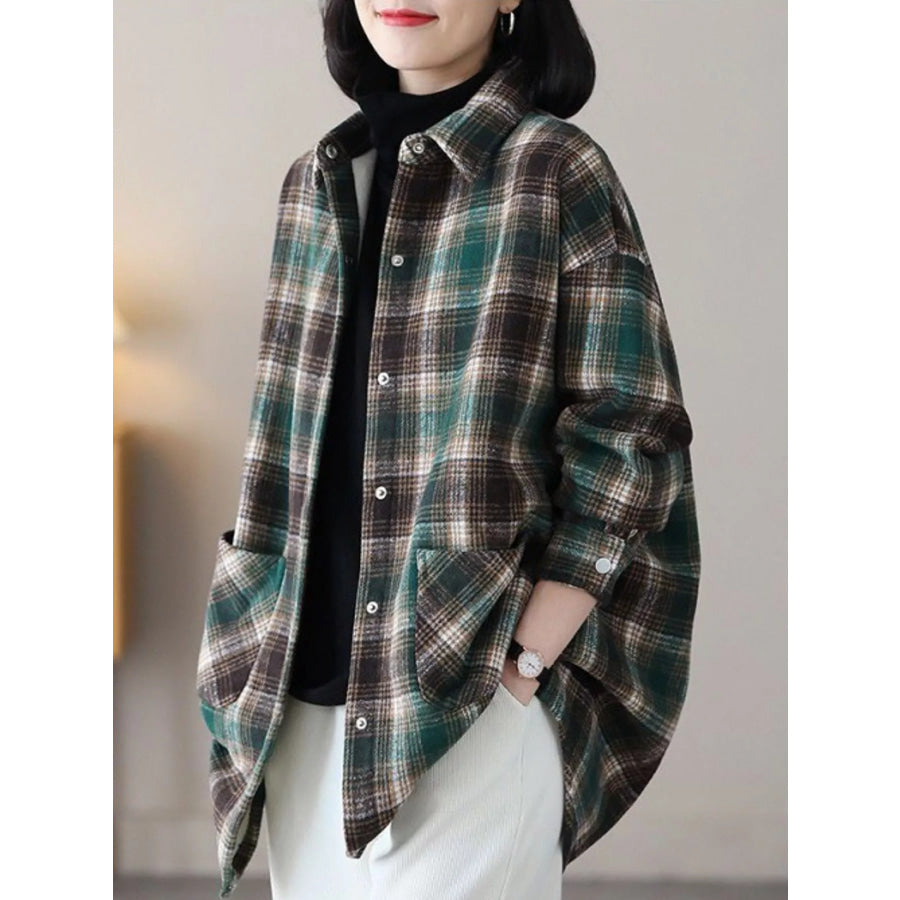 Oversized Plaid Long Sleeve Brushed Shirt with Fleece Lining Green / M Apparel and Accessories