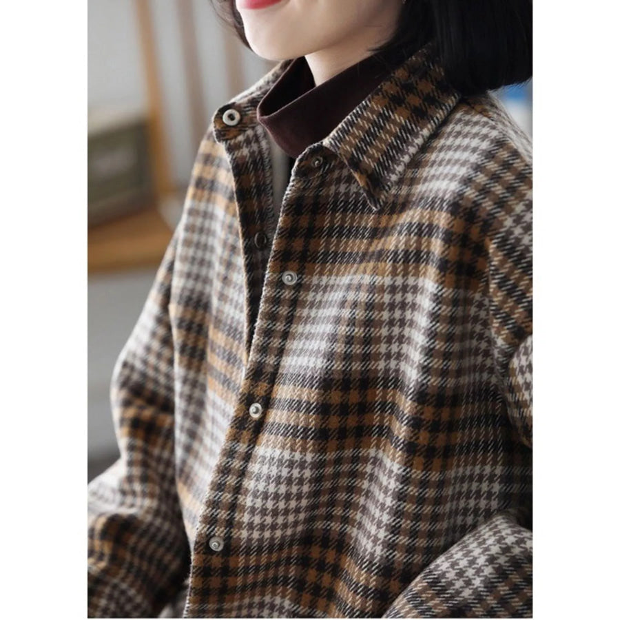 Oversized Plaid Long Sleeve Brushed Shirt with Fleece Lining Khaki / M Apparel and Accessories