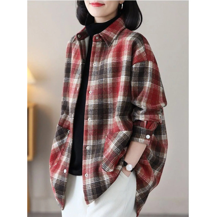 Oversized Plaid Long Sleeve Brushed Shirt with Fleece Lining Red / M Apparel and Accessories